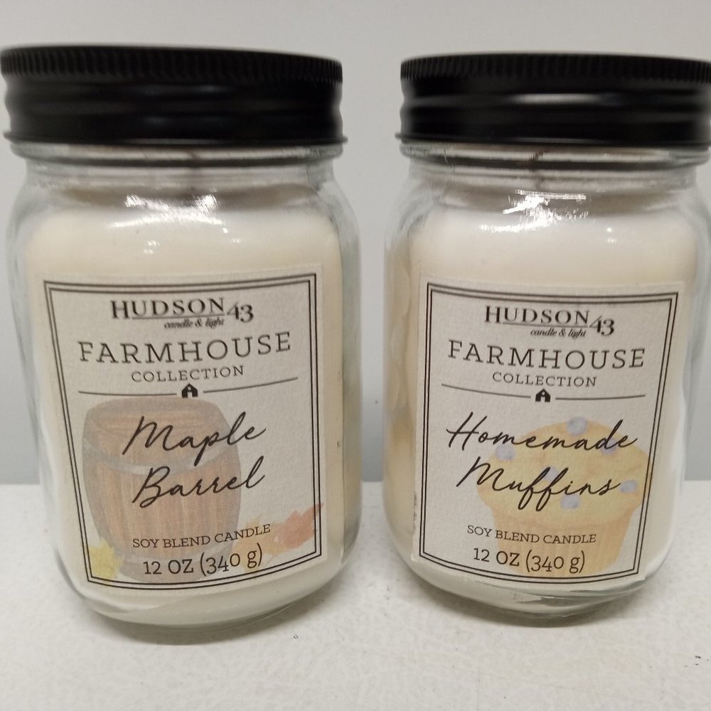 NWT! Two Hudson 43 Farmhouse Jar Candles - 12oz - Maple Barrel & Homemade Muffin